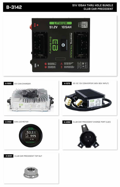 Club Car Precedent 09-Up/Onward/Tempo Eco Lithium 51v 105Ah Battery Bundle Thru Hole